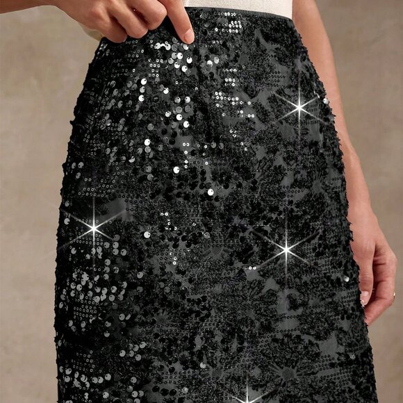 Black Delicate Jacquard Sequined Women's Split Hem Skirt - Picture 2 of 5
